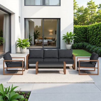 Patio Conversation Set 4 Piece Wood Grain Metal Frame Slatted Design