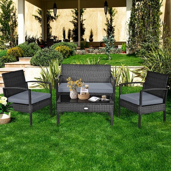 Patio Conversation Set 4-Piece Woven Dark Brown Rattan With Glass Top