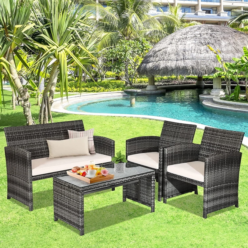Patio Conversation Set: 4-Piece Woven Rattan with White Cushions