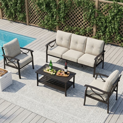 Patio Conversation Set 5 Person Charcoal Frame Slatted Coffee Table