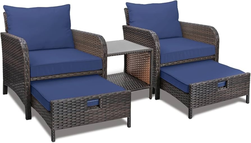 Patio Conversation Set: 5-Piece Brown Wicker Glass Table Top Cream