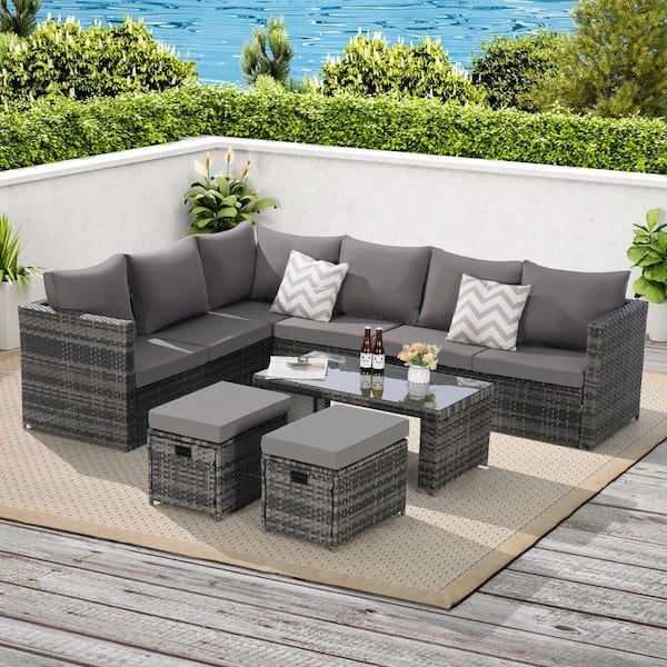 Patio Conversation Set 6-Piece Dark Brown Wicker Modular Sectional