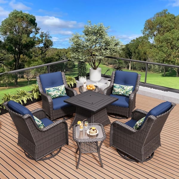 Patio Conversation Set 6-Piece Wicker with Navy Blue Cushions & Ottomans