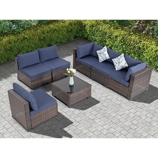 Patio Conversation Set 7-Piece Brown Wicker Navy Cushions Glass Top Table