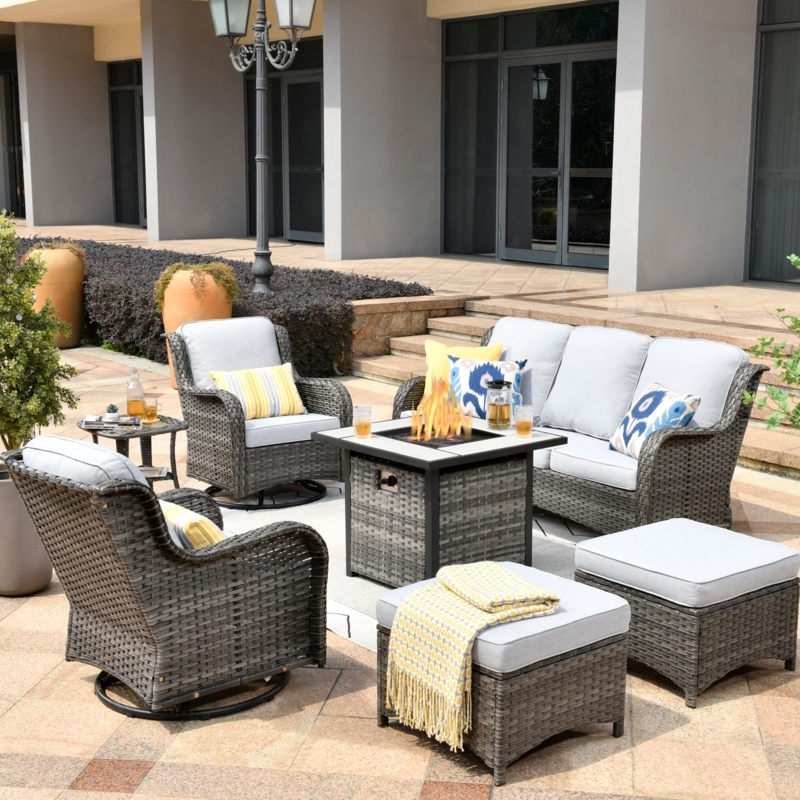 Patio Conversation Set 7-Piece Espresso Wicker with Gray Olefin Cushions
