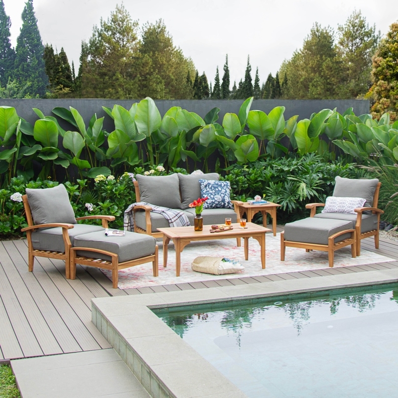 Patio Conversation Set, 7 Piece Slatted Wood, Gray Cushions, Large Deck Design