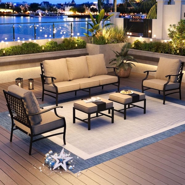 Patio Conversation Set 7-Seat Capacity Black Metal Mesh Beige Cushions