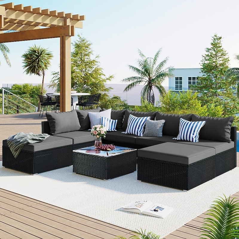 Patio Conversation Set 8-Piece Dark Gray Wicker Modular Layout