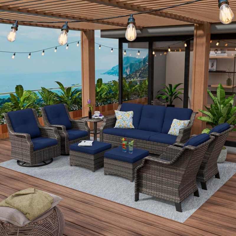 Patio Conversation Set 8-Piece Modular Espresso Wicker Cobalt Blue