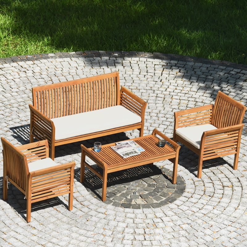 Patio Conversation Set, Acacia Wood Look, Cream Cushions, Small Deck Layout
