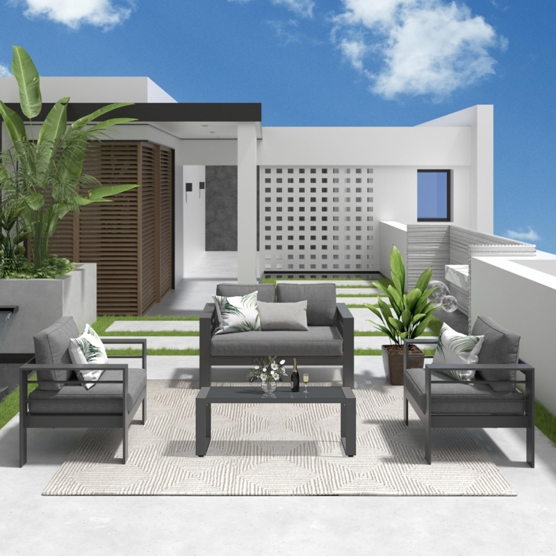 Patio Conversation Set: Aluminum Frame Modular Sectional in Gray
