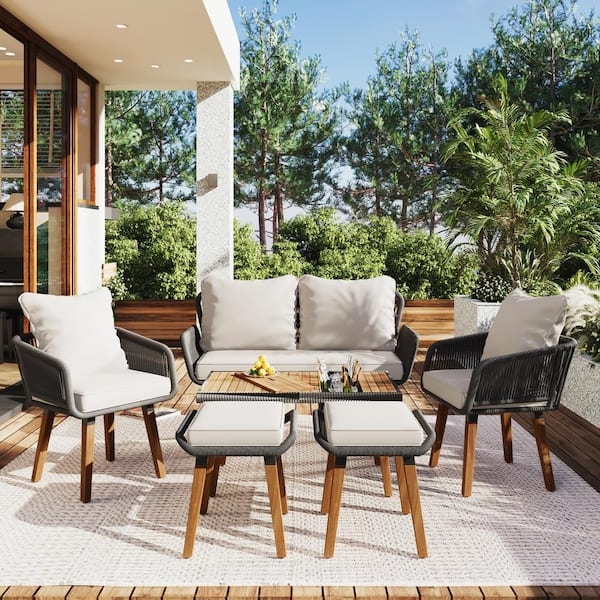 Patio Conversation Set Bar Height Table, Beige Wicker, Modular Seating