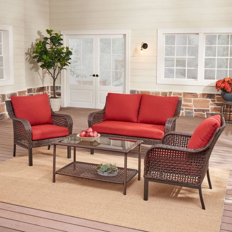 Patio Conversation Set Black Metal Frame with Red Cushions