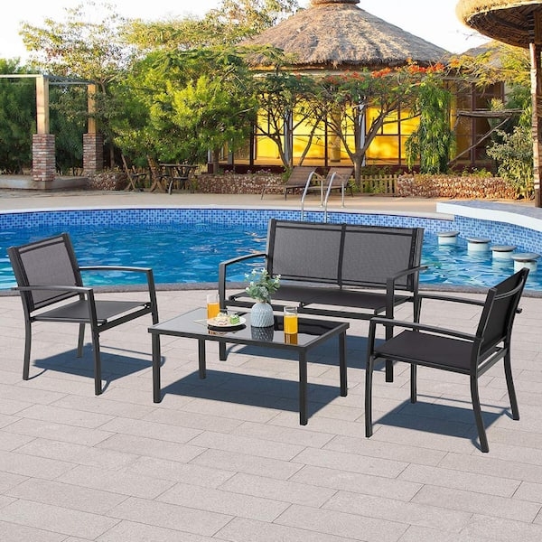 Patio Conversation Set Black Metal Slatted Construction Industrial Style
