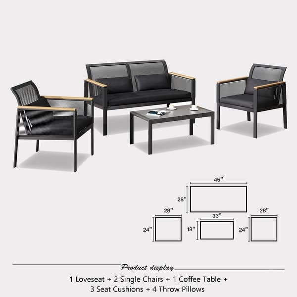 Patio Conversation Set Black Woven Cord Frames Tapered Legs Gray