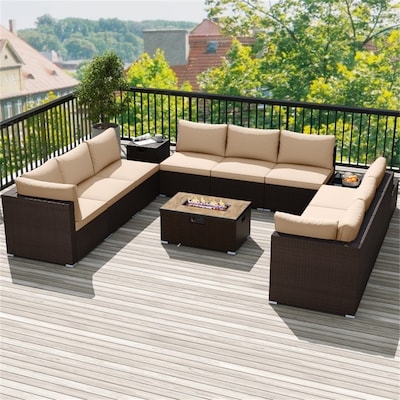 Patio Conversation Set Brown Rattan Beige Cushions with Track Arms