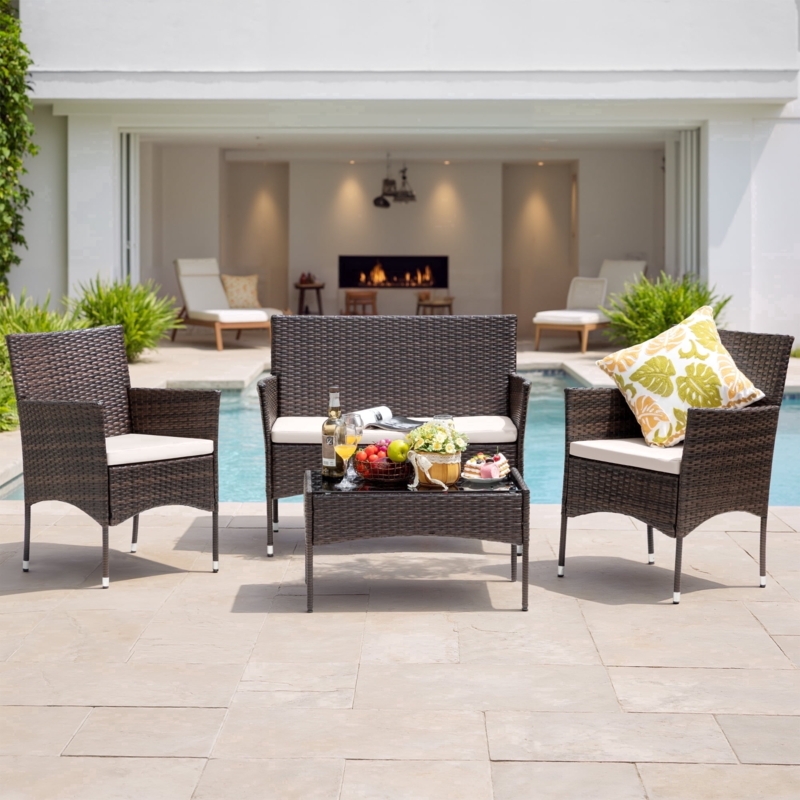 Patio Conversation Set Brown Wicker Dark Glass Top Porch Seating