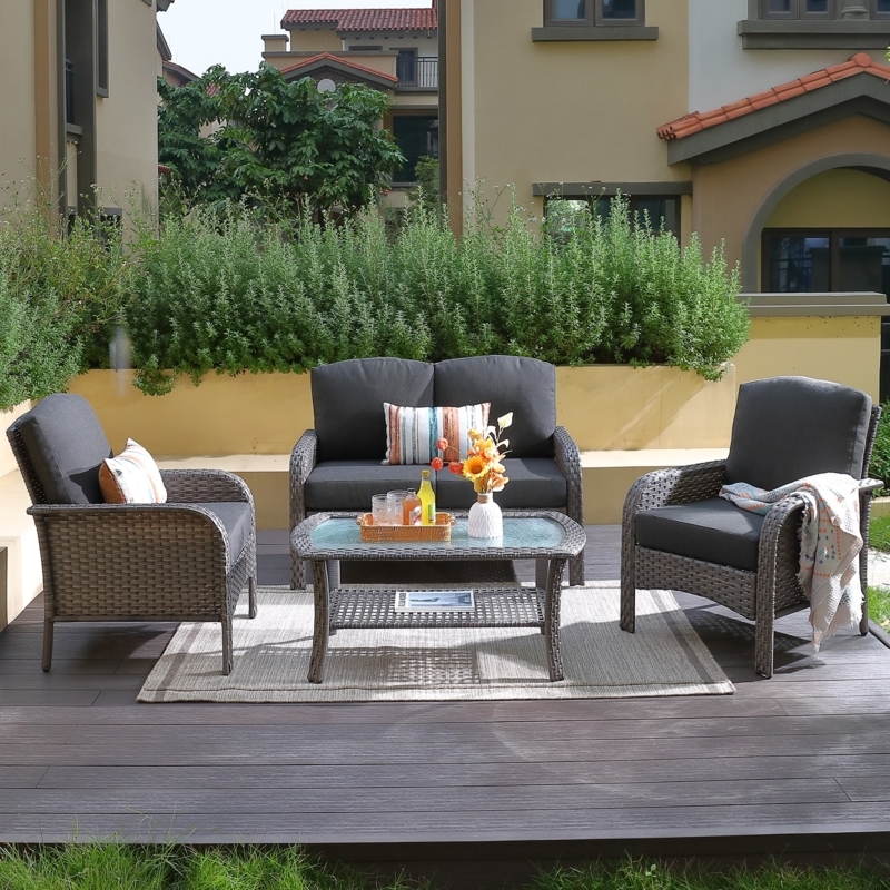 Patio Conversation Set Brown Woven Frame with Black Cushions