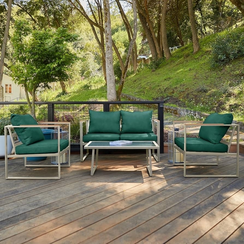 Patio Conversation Set Champagne Gold Frames Jungle Green Cushions Luxury