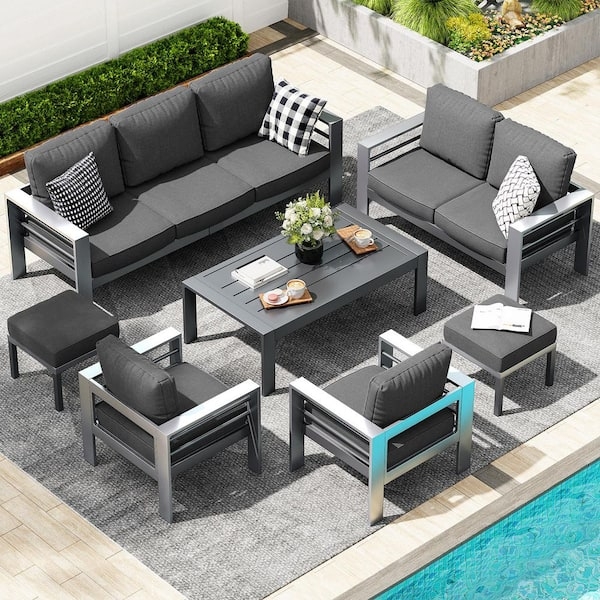 Patio Conversation Set Charcoal Cushions Aluminum Frame Modular 7 Piece