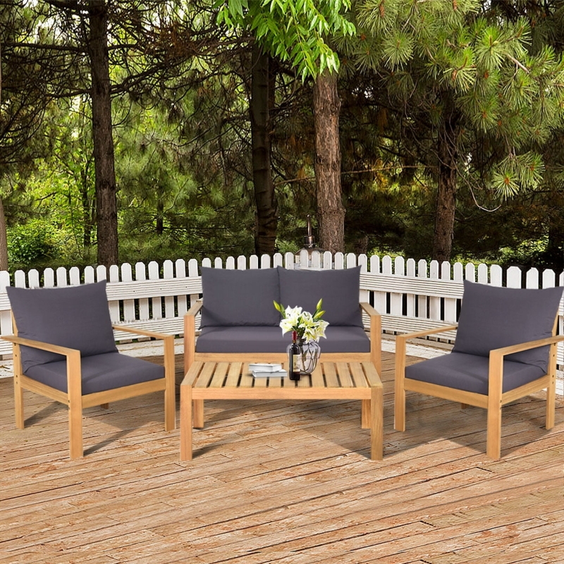 Patio Conversation Set Charcoal Gray Slatted Tabletop Wood Seating Ideas