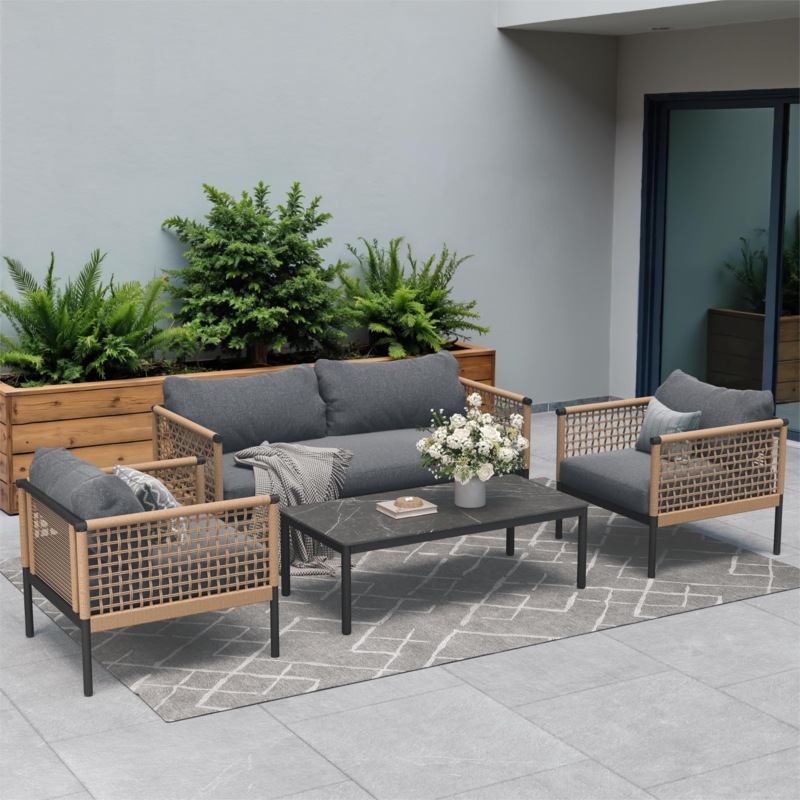 Patio Conversation Set Charcoal Metal Frame with Open-Weave Backs