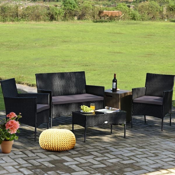 Patio Conversation Set: Charcoal Woven Wicker with Glass Top Table