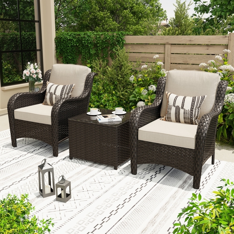 Patio Conversation Set: Compact 3-Piece Woven Frame & Neutral Palette