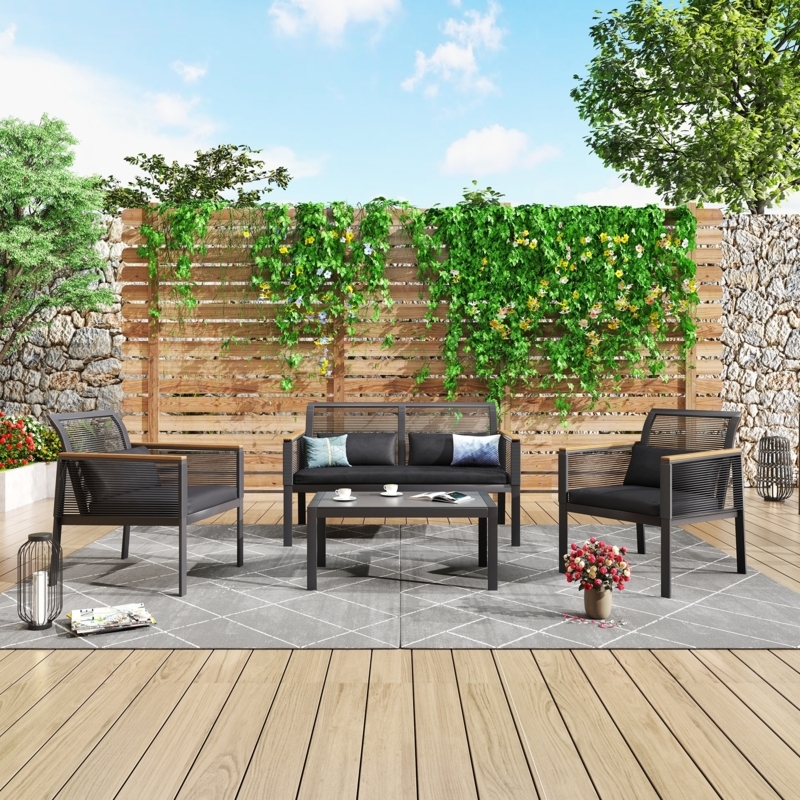 Patio Conversation Set Corded Back Tapered Wood Legs Mid Century Modern