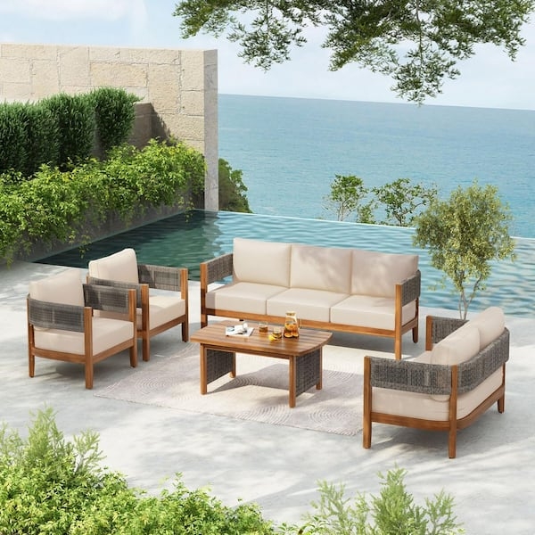 Patio Conversation Set, Curved Back Wood Frame, Rope Weave Patio Furniture