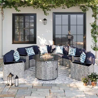 Patio Conversation Set Curved Wicker Integrated Wedge Tables