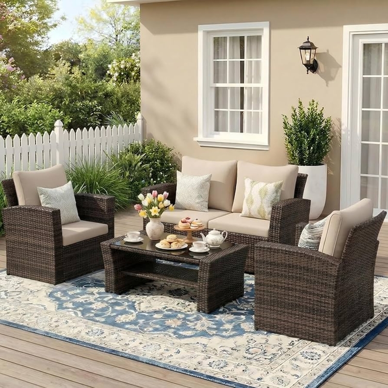 Patio Conversation Set Dark Brown Wicker & Glass Top Table