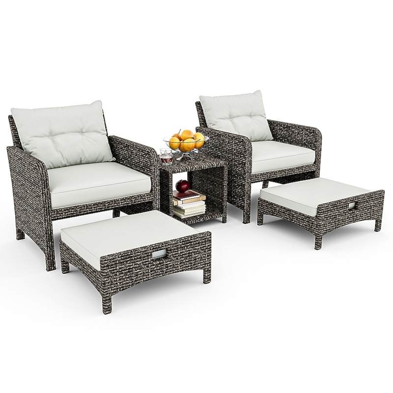 Patio Conversation Set: Dark Brown Wicker Ottoman Seating Charcoal Gray