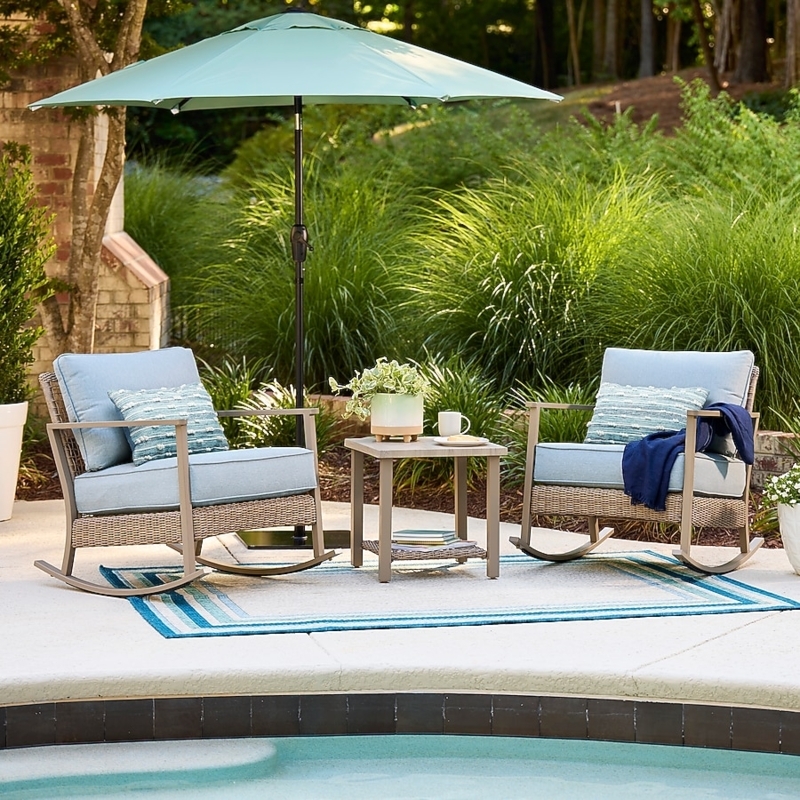 Patio Conversation Set Dark Wicker Vibrant Blue Cushions Small Space