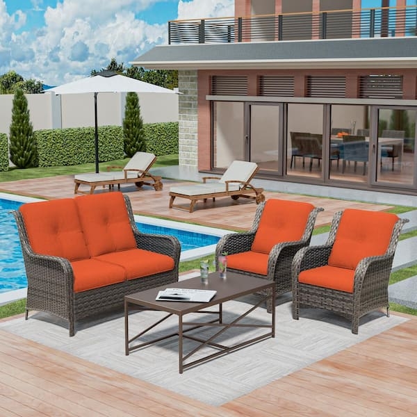Patio Conversation Set, Dark Wicker with Orange Cushions, Slatted Table