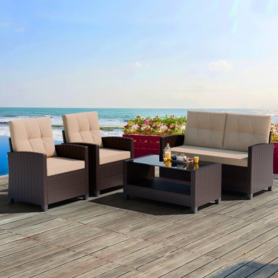 Patio Conversation Set Dark Woven Wicker Gray Cushions Four Piece Group