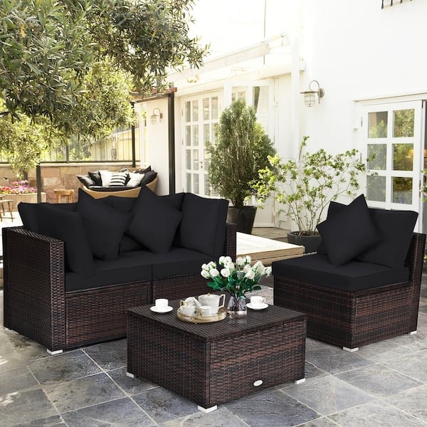 Patio Conversation Set Deep Seating Brown Wicker Black Cushions
