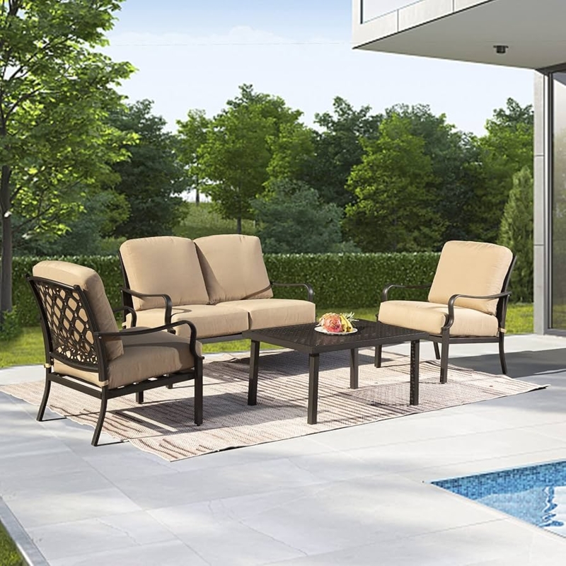 Patio Conversation Set Deep Seating Metal Slat Back Beige Cushions