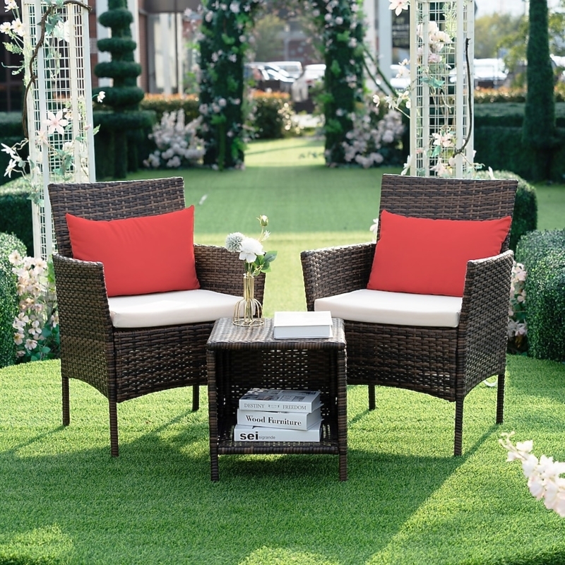 Patio Conversation Set Driftwood Wicker Weave Compact 3-Piece Layout Cream