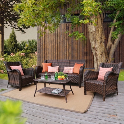 Patio Conversation Set Espresso Wicker 6-Piece Ottomans Grey Cushions