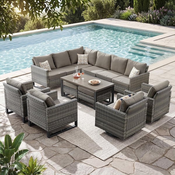 Patio Conversation Set Espresso Wicker Cream Cushions Straight Arms