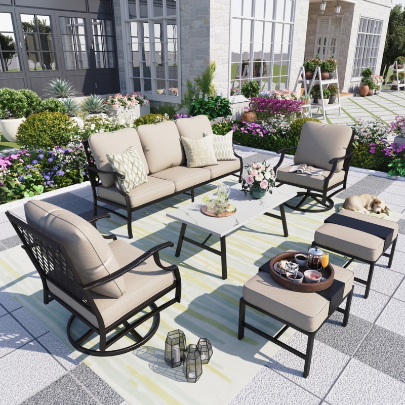 Patio Conversation Set: Fire Pit Table, Slatted Backrest & Swivel Chairs