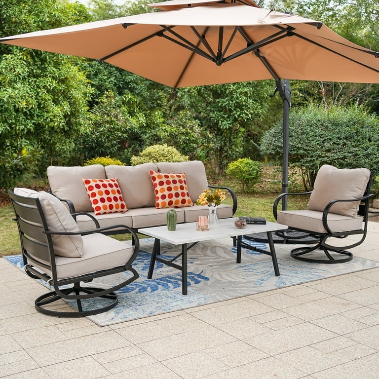 Patio Conversation Set: Five Piece Set with Slatted Metal Tabletop