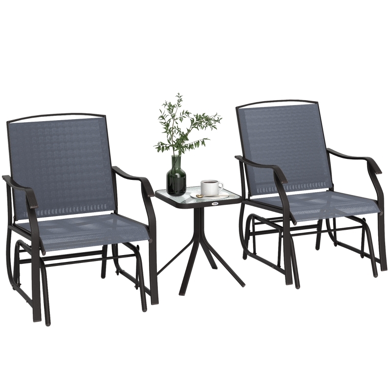 Patio Conversation Set Gray Mesh Glider Chairs Rectangular Coffee Table