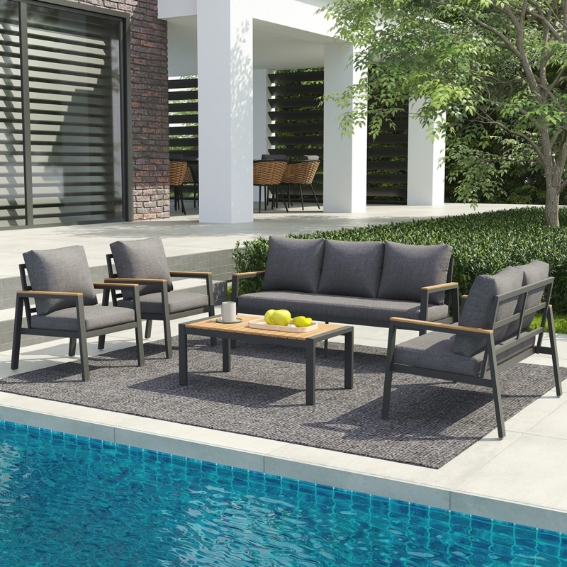Patio Conversation Set Gray Woven Texture Wood Slatted Tabletop