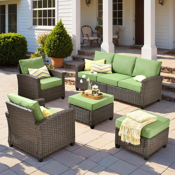 Patio Conversation Set Grey Wicker Modular Sectional Green Cushions