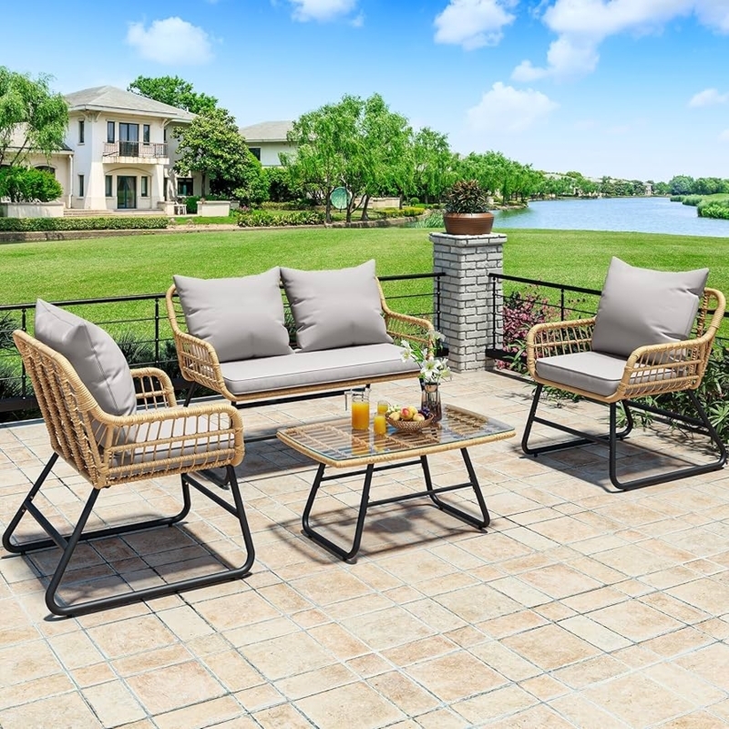 Patio Conversation Set Grey Wicker Slatted Table Modern Seating