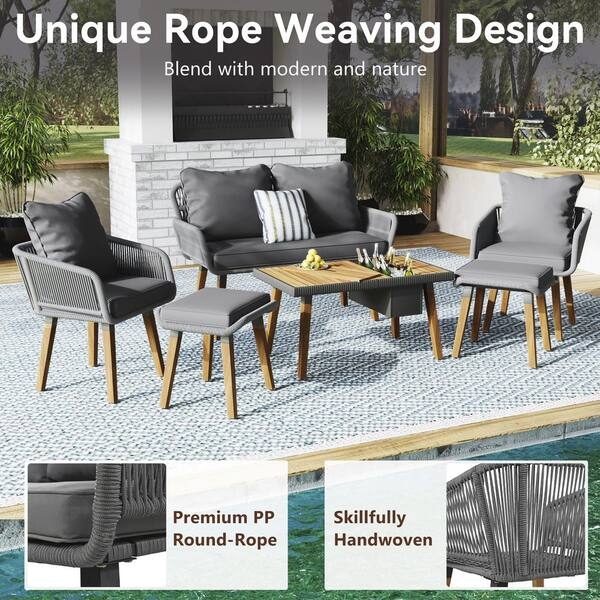 Patio Conversation Set Integrated Ice Bucket, Gray Wicker, Modular Design