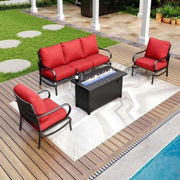 Patio Conversation Set L-Shaped Gray Wicker Black Fire Pit Table