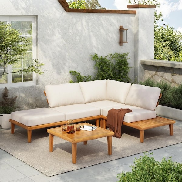 Patio Conversation Set, L-Shaped Outdoor Wood Sectional, Beige Cushions